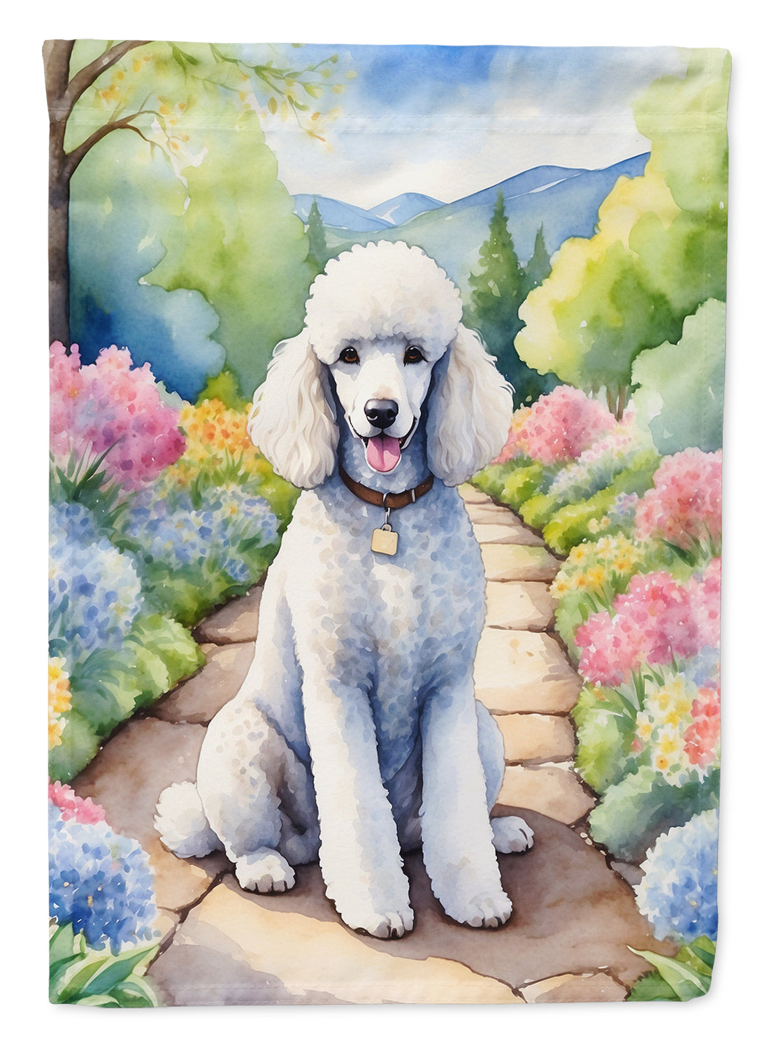 White Poodle Spring Path House Flag-0