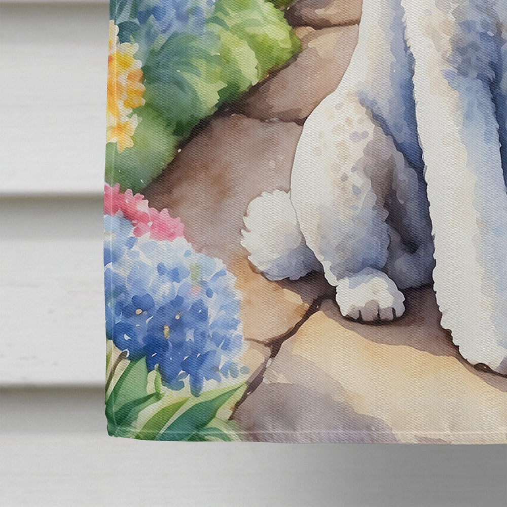White Poodle Spring Path House Flag-3
