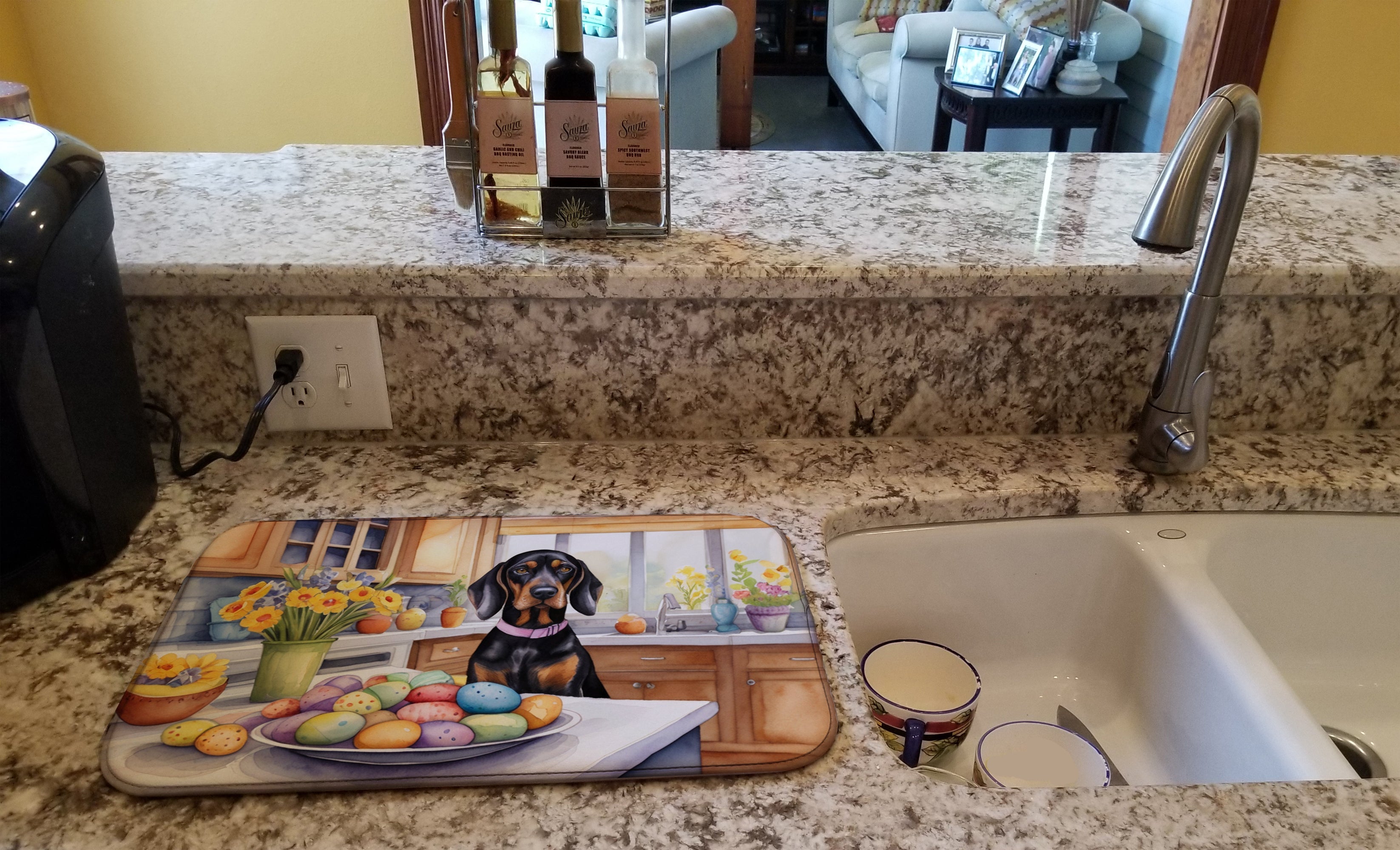 Decorating Easter Black and Tan Coonhound Dish Drying Mat-1