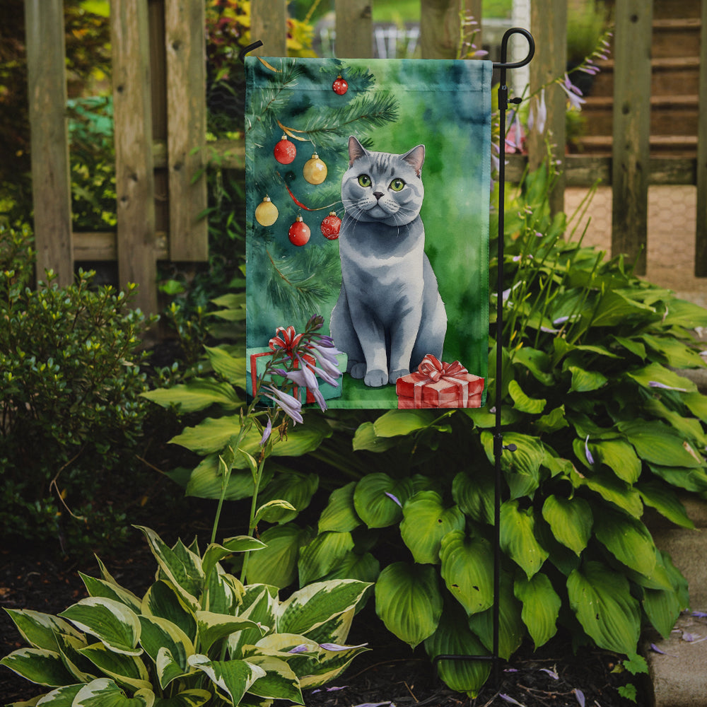 British Shorthair Cat By the Christmas Tree Garden Flag-1