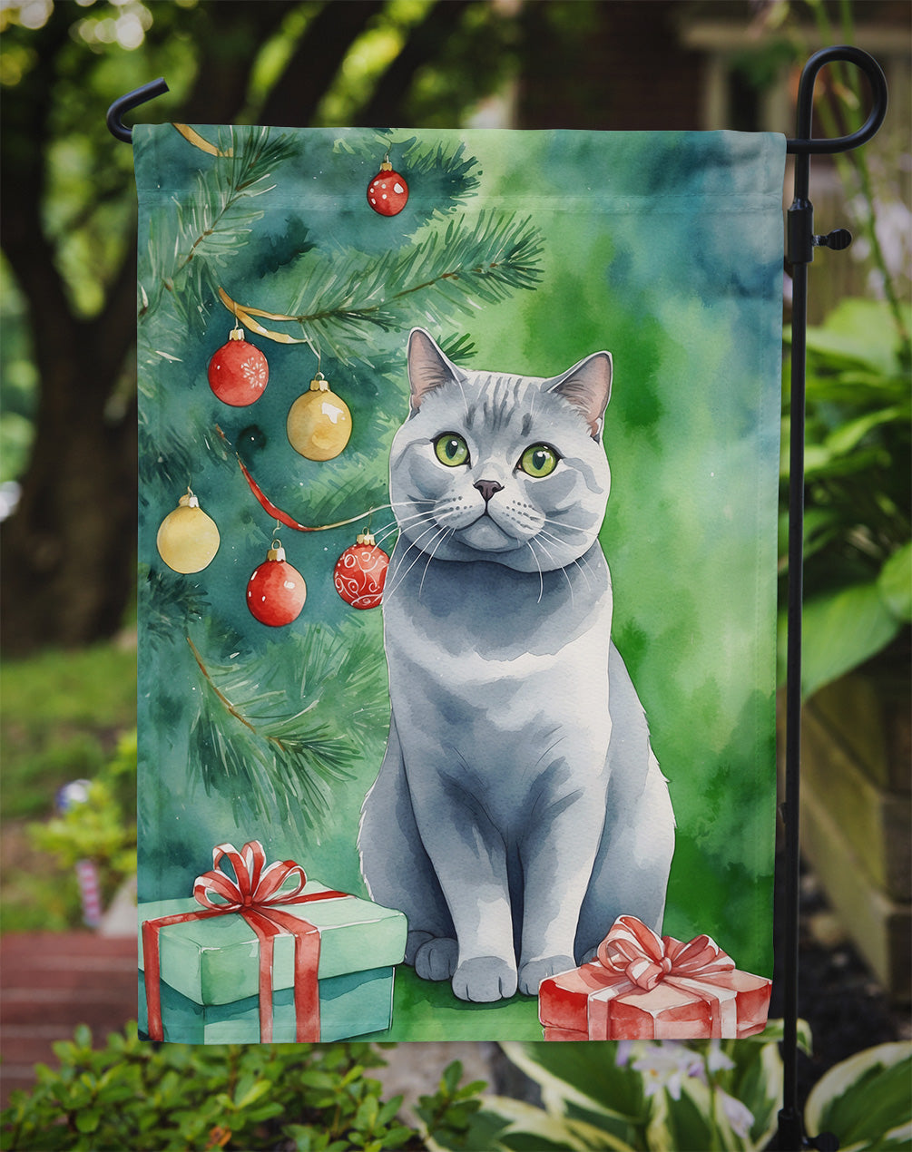 British Shorthair Cat By the Christmas Tree Garden Flag-2